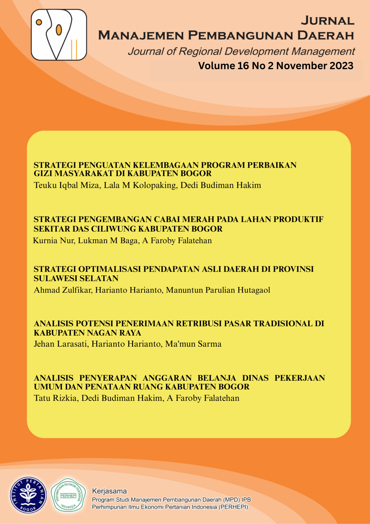 					View Vol. 16 No. 2 (2023): Jurnal Manajemen Pembangunan Daerah
				